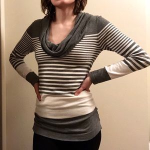 Gray and White Striped Cowl Neck Sweater
